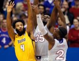 during the game at Allen Fieldhouse on November 28, 2017 in Lawrence, Kansas.